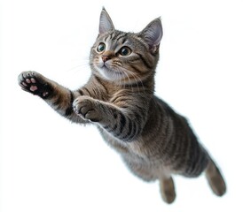 Fototapeta premium Playful Tabby Cat Jumping in Air Cute Adorable Flying Kitten Domestic Animal