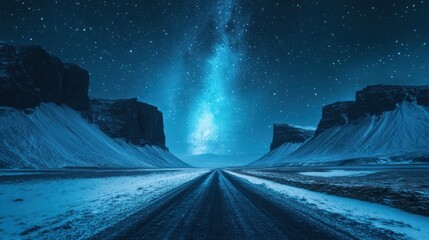 Milky Way over snowy road between mountains.