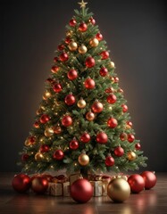 Festive Christmas tree with red and gold baubles and glowing lights, traditional, shiny, glowing