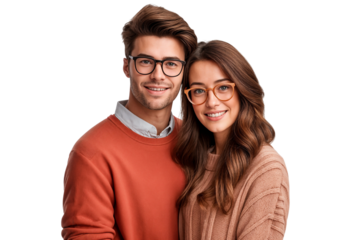 Portrait of a a happy couple smiling together and hugging each other, wearing glasses, isolated on transparent background
