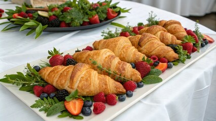 Flaky croissants arranged artfully on a white tablecloth surrounded by an assortment of colorful ripe berries and fresh greenery, pastries, breakfast, fresh produce, elegant breakfast, berries