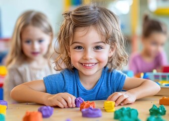 Fototapeta premium joyful children creating colorful art with modeling clay in vibrant daycare center