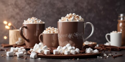 Fototapeta premium Warm Cocoa Beverage with Marshmallows and Chocolate Pieces on a Rustic Table