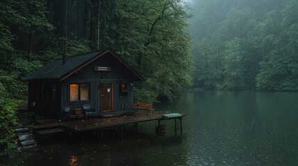 Obraz premium Rainy lake cabin, forest backdrop, tranquil escape