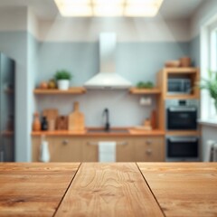 Fototapeta premium Empty wooden table in front of blurred modern kitchen interior