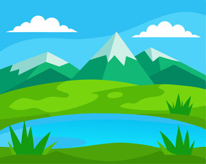 Fototapeta premium Landscape of a beautiful green grass park with a lake. 