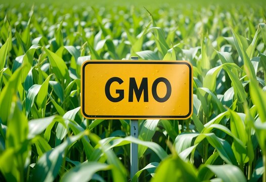 Yellow GMO sign amidst a thriving green cornfield, symbolizing genetic modification in agriculture for enhanced crop traits and productivity.