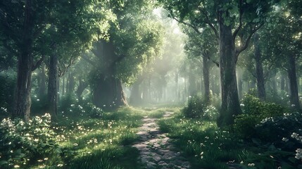 Obraz premium Sunbeams Filtering Through the Trees in a Lush Forest