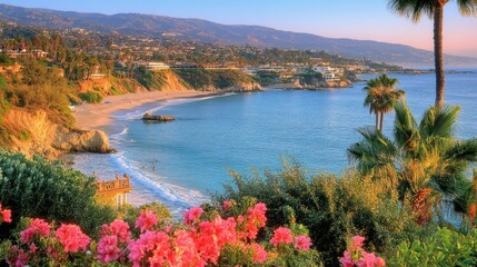Obraz premium Scenic coastal view with beach, ocean, palm trees, and flowers at sunset.