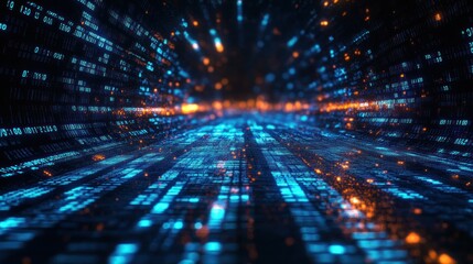 Futuristic Digital Landscape with Cybernetic Pathway and Glowing Binary Code Elements