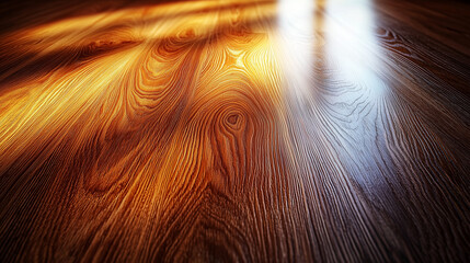 Detailed close up of light reflecting off a smooth wood floor with natural patterns