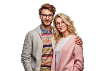Portrait of a a happy couple smiling together and hugging each other, isolated on transparent background
