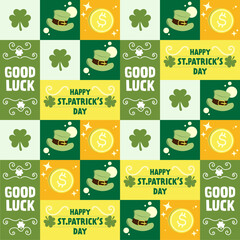 Collage pattern of St. Patrick's Day symbols including clovers, hats, and coins, vector illustration
