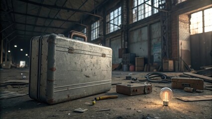 Weathered Steel Briefcase Resting on Dusty Industrial Floor