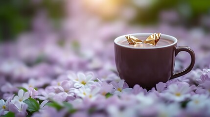 Golden Origami Butterfly Floating in Coffee Cup Amidst Flowers
