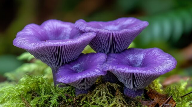 Amethyst deceiver mushrooms forest moss closeup