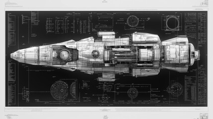 Design drawings for sci-fi spacecraft