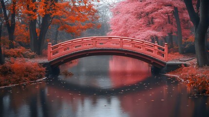 A red bridge spans a river with a beautiful pink tree canopy