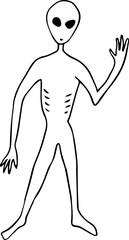 alien with big eyes looks at camera and waves his hand