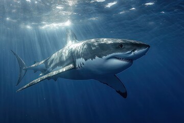 Fototapeta premium Great White Shark Swimming in Clear Blue Ocean Underwater Photography Predator Hunting