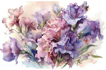 purple irises on white background., watercolor style, Generative AI