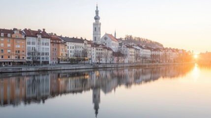 Fototapeta premium Sunrise over river, cityscape reflection, calm waters, historic architecture