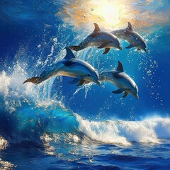 Naklejka premium Playful Dolphins leaping in a Vibrant Ocean Sunlight