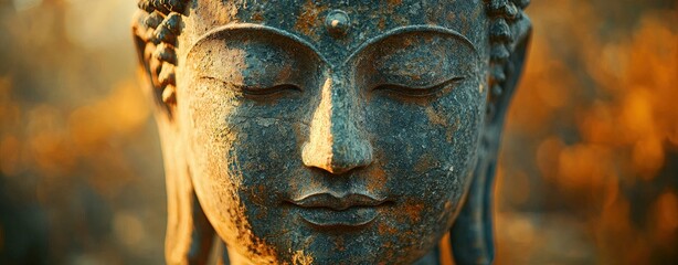 Serene Buddha Statue at Sunset Close-up of Peaceful Face