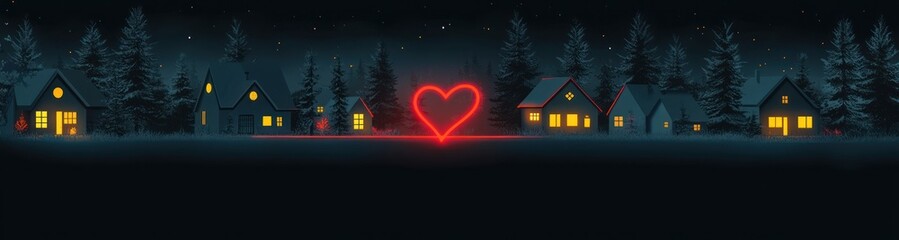 Fototapeta premium Romantic Village Silhouette at Night with Heart Line and Pine Trees