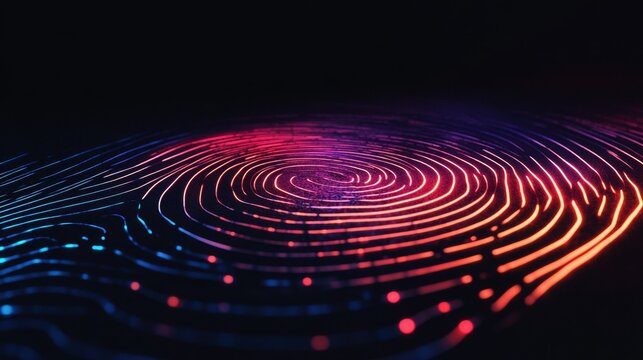 Fingerprint with neon lines tracing swirl patterns on black background