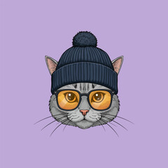Cool Cat in Winter Hat and Glasses Graphic Design