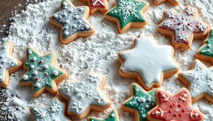 Christmas cookies surrounded by flour, 8k. isolated with white shades