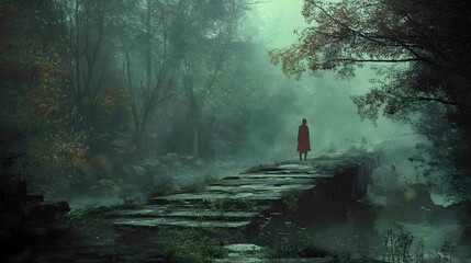 Obraz premium Woman in Red Coat Stands on Misty Forest Bridge