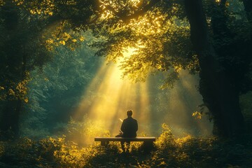 Person reading book on park bench, sun rays through trees