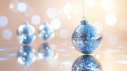 Silver Christmas baubles on reflective surface with bokeh lights.