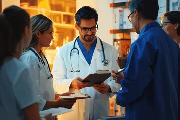 Medical Professionals Collaborating in Hospital Corridor