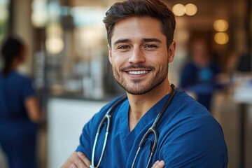 Fototapeta premium Confident healthcare professional in scrubs smiling in modern hospital setting