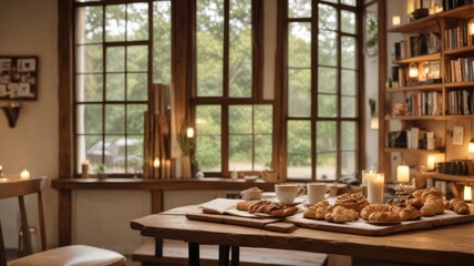 Fototapeta premium A rustic wooden table near a large window, bathed in warm candlelight, features an assortment of freshly baked pastries and a steaming cup of coffee, creating a cozy and inviting atmosphere.