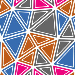 Abstract Mosaic Background. Rounded solid shapes in frames. Big triangles size. Multiple colors style. Repeatable pattern. Elegant vector tiles. Seamless vector illustration.