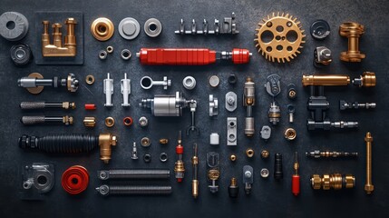 Flat lay of various metallic mechanical parts on dark surface.