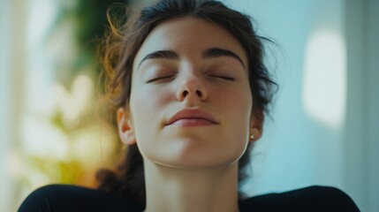 Serene young woman with closed eyes in tranquil reflection enjoying the peace