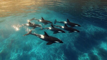 Fototapeta premium Playful Orcas Swimming in Turquoise Waters Under Soft Sunlight