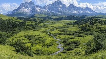 Obraz premium Scenic mountain valley river landscape, summer day
