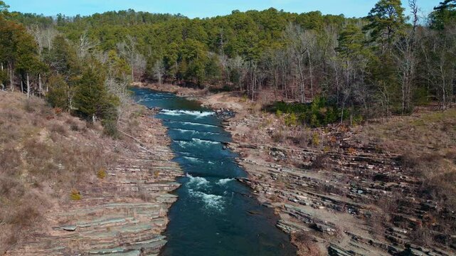 Aerial Orbit of Mountain Fork River in Beavers Bend State Park -  Broken Bow, Oklahoma