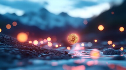 Bitcoin cryptocurrency floats over river, majestic mountains background; digital finance concept