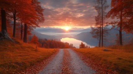 Autumn sunrise, mountain lake road