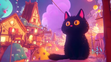 Black Cat Sitting Before a Whimsical Fantasy Village