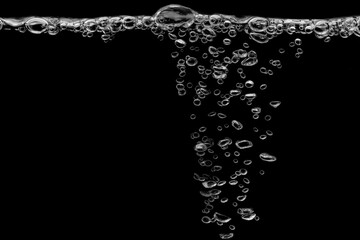 White bubbles, liquid, black background, abstract isolated, oxygen design concept, underwater,...
