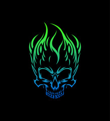 Flaming Skull Tribal Design, Green Blue Gradient, Dark Background