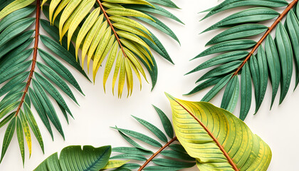 Palm leaves, palm branches, abstract drawing, tropical leaves, craft clay. isolated with white shades